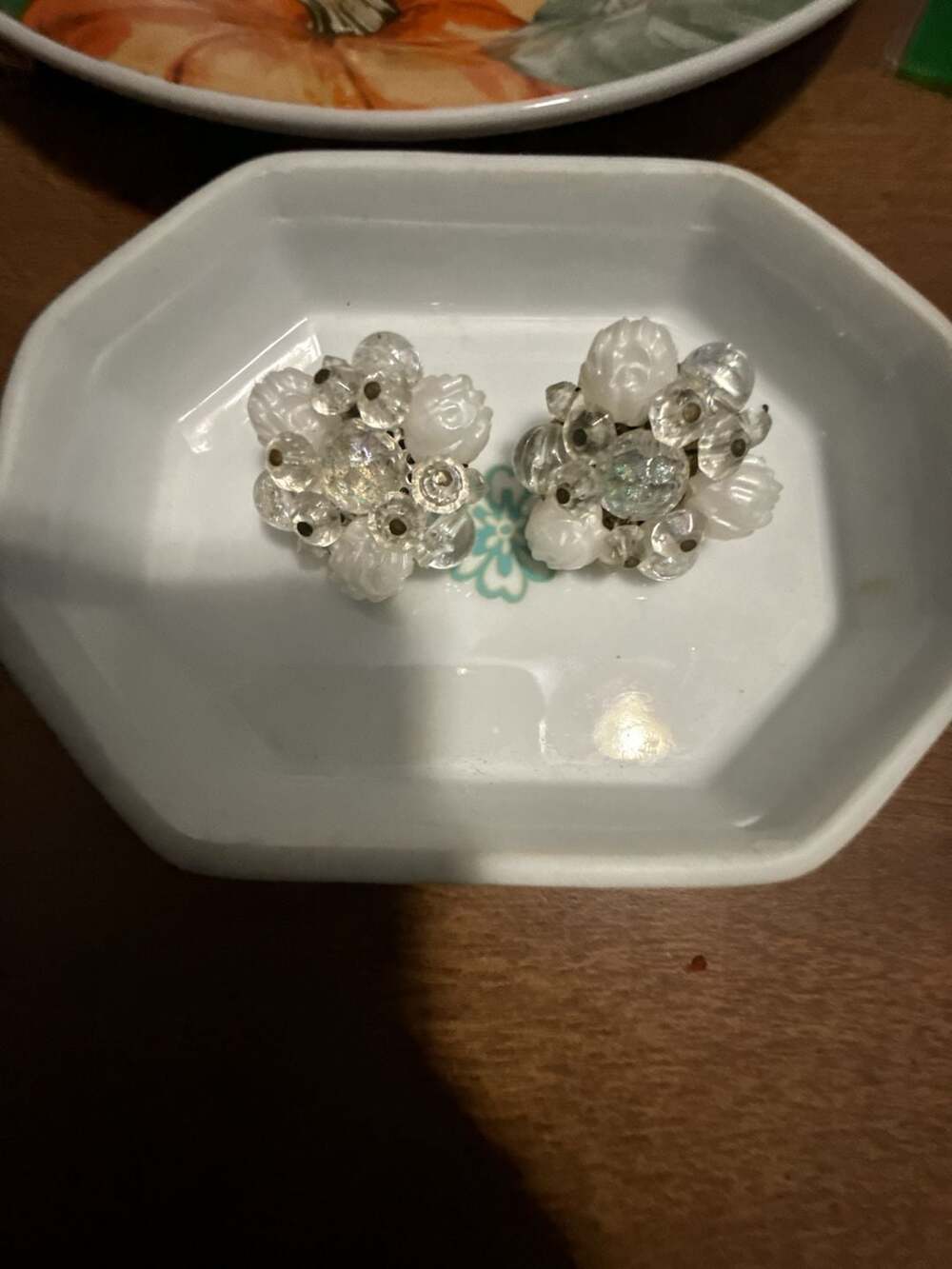 West Germany  Crystal Cluster Clip Earrings White Glass Beads